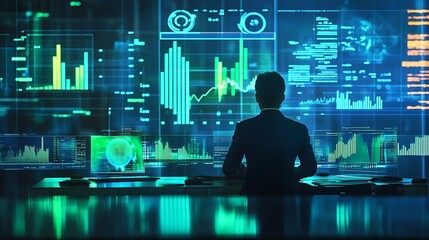 A successful CEO in a high-tech boardroom reviews holographic green financial forecasts and predictive analytics