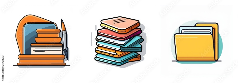 Aufkleber Three icons showing stacked documents with a rocket, a pile of papers, and an open file folder, all in a simple, illustrative style.