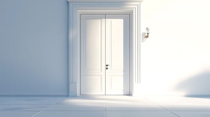 A closed white door in a bright white room setting