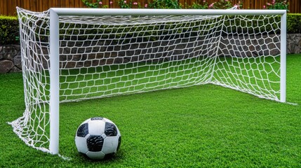 A soccer net placed on a grass field, with a football lying near the goal area