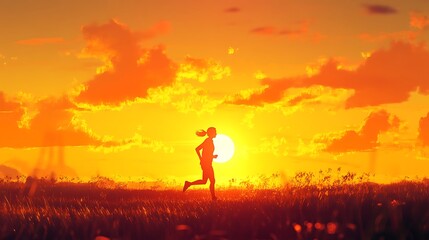 Silhouette of woman running at sunset in field