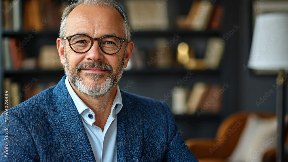 Poster man in a blue suit and glasses is smiling for the camera. he is sitting in front of a bookshelf with