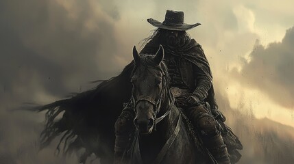 Fototapeta premium Mysterious figure on horseback rides through a desolate landscape at twilight