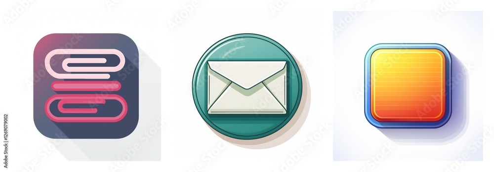 Aufkleber Glossy app icons depict stacked linens, an envelope, and a blank square button. Clean, modern design elements suitable for user interface.