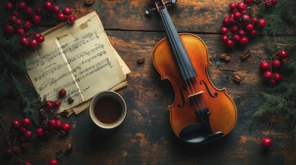 Fototapeta premium A violin placed beside a cup of coffee and sheet music, evoking a cozy practice session