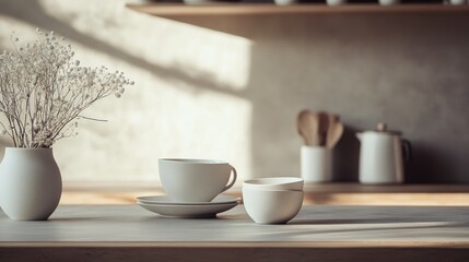 Fototapeta premium Rustic kitchen table with cups, teapot, and soft natural light