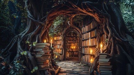 Hidden library behind a grand archway of twisting roots, glowing magical books, and floating candles in an ethereal forest setting