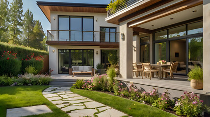 house in the garden, house in the park, house in the garden, view on a sunny summer day, new luxury home exudes elegance with its lush backyard, vibrant flowers