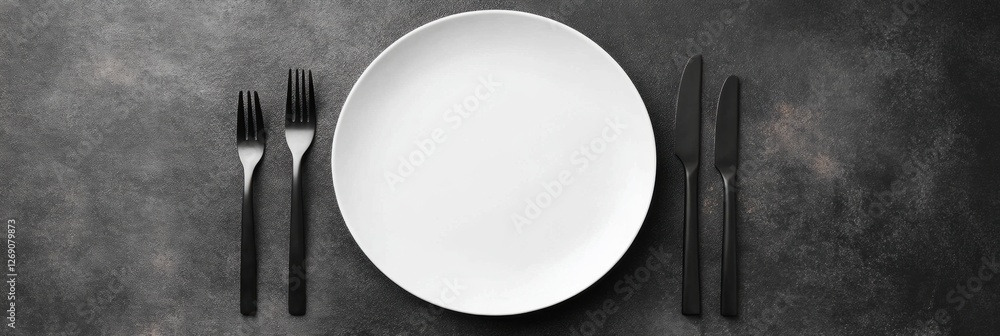 Aufkleber elegant dining setup with minimalistic white plate and black cutlery on a dark texture background. g