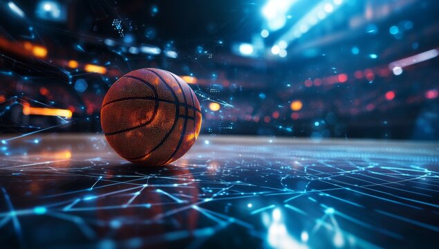 Basketball court, digital data, arena, night game, glowing lines
