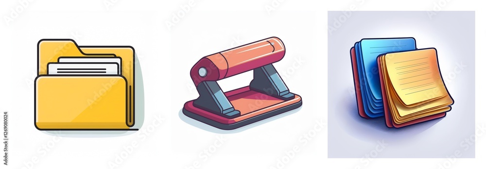 Poster three office icons are displayed: a yellow file folder with documents, a red hole punch, and blue an
