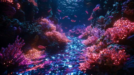 Fototapeta premium Red and blue fish weaving through a dense coral reef, creating a dance of colors and light in the aquatic twilight
