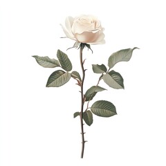 Delicate Pink Rose with Green Leaves on a White Background - A Symbol of Natural Elegance