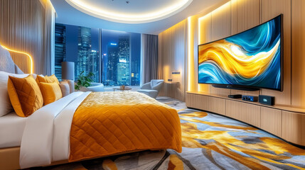 Luxurious hotel room with modern decor, featuring large TV, orange accents, and city views. stylish design creates warm and inviting atmosphere for relaxation