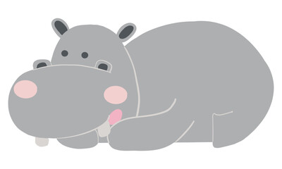 Cute cartoon hippo resting peacefully on the ground.