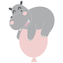 Happy hippo balancing on a pink balloon.