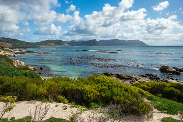 A beautiful coastal view with mountains and the Atlantic ocean, Boulder beach, foxy beach, Table Mountain National Park, Western Cape, South Africa, Africa