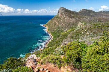 A beautiful coastal view of the cape peninsula with mountains and the Atlantic ocean, Cape Point National Park, Cape Town, Western Cape, South Africa, Africa
