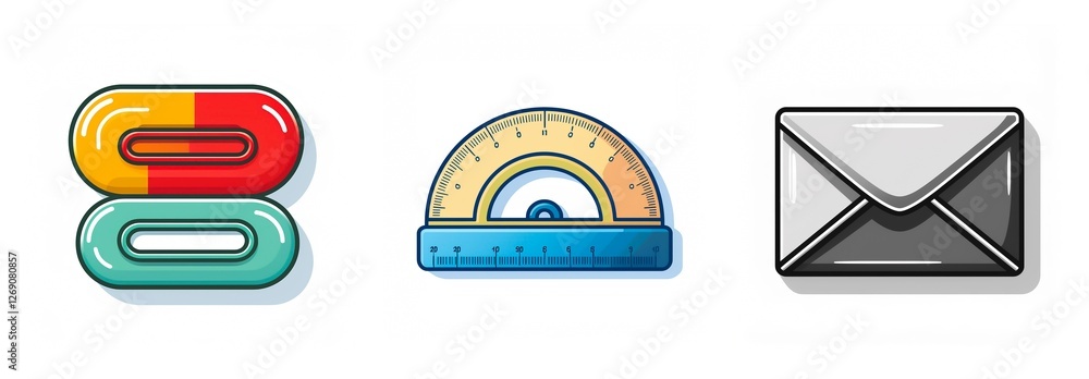 Poster Three cartoon icons: stacked rounded shapes, a protractor, and a closed envelope are displayed. These simple graphic elements may represent different functions.