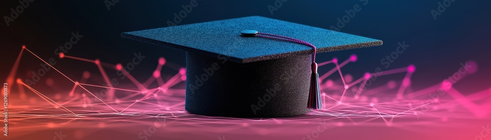 Poster graduation cap on colorful digital background with geometric patterns and lines