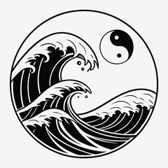 Fototapeta premium Minimalist silhouette of crashing waves forming a circular retro design vector art with illustration