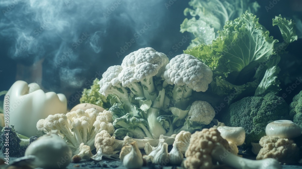 Canvas Prints Fresh green vegetables with steam rising in a rustic kitchen setup