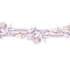 Horizontal Seamless Border Decorative Of Antique Sculpture, Ornament Of Scrolls And Leaves, Pastel Light Purple, Beige, Pink, Graceful Shapes, Elegant Watercolor Illustration On White Background