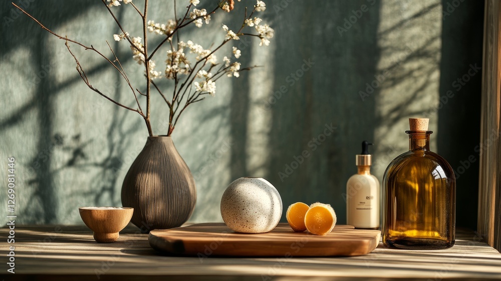 Poster rustic table decor with vases and bottles illuminated by sunlight