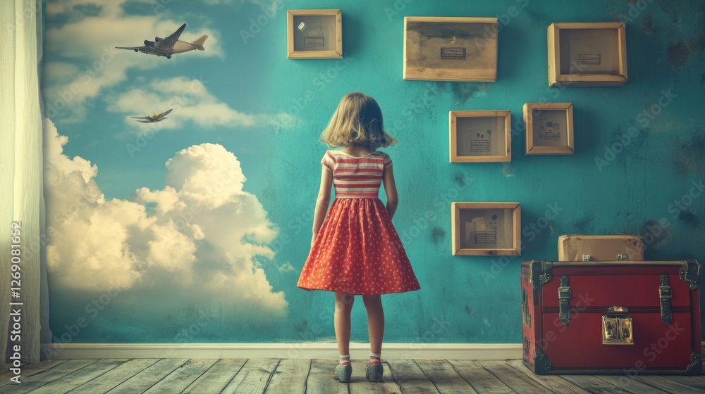 Poster surreal scene of a girl with a suitcase looking at floating frames in the sky