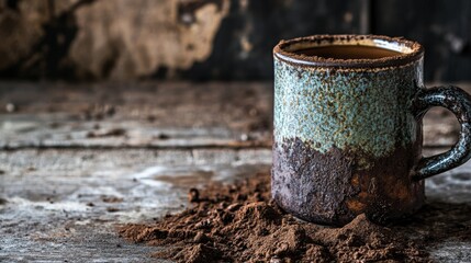 Rustic ceramic coffee mug with frothy coffee on a textured wooden surface
