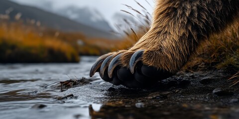 Brown bear paw with sharp claws by alaskan river