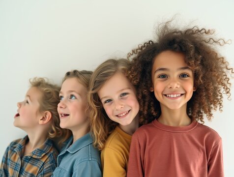 Four cheerful children standing together and smiling against white background