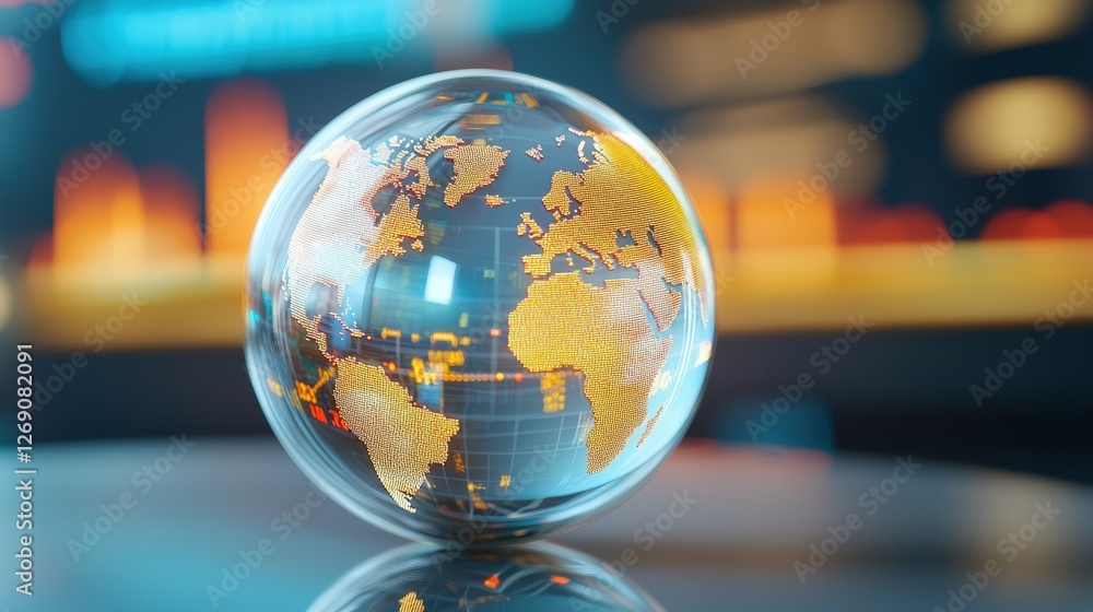 Poster a crystal globe depicting a world map illuminated with golden lines, set against a blurred backgroun