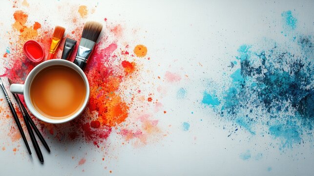 Creative workspace with a cup of tea, paintbrushes, and vibrant splashes of color on canvas