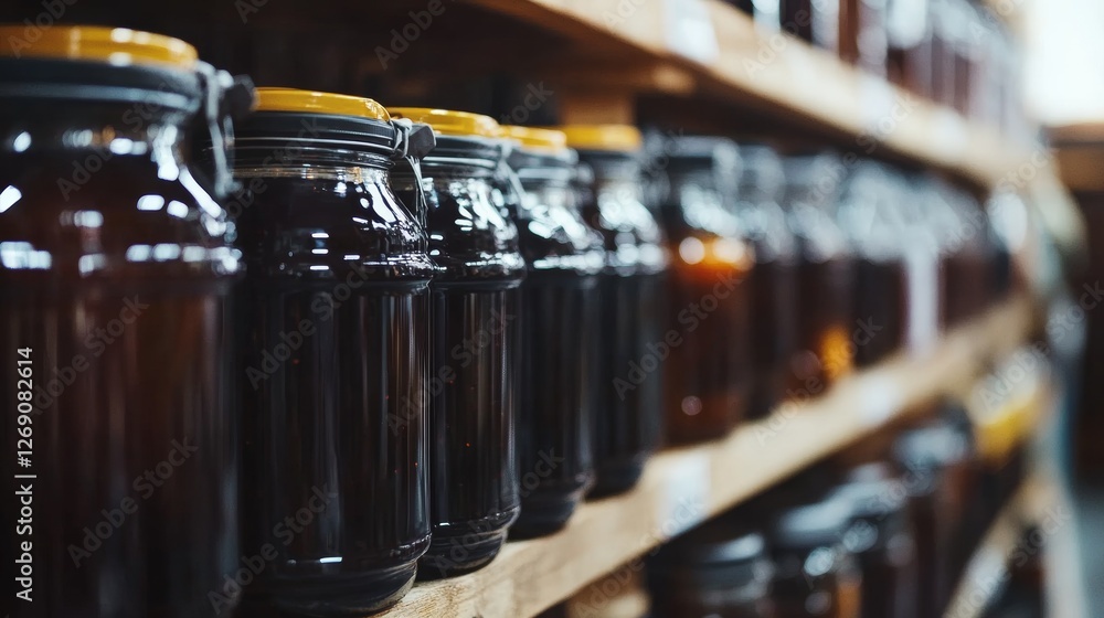 Poster close-up of jars filled with spices on a rustic wooden shelf