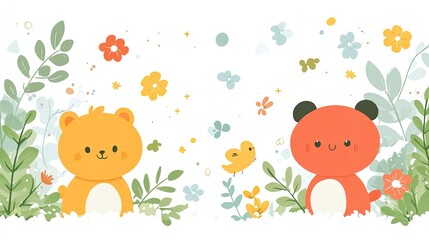 Cute cartoon animals, a bear and a panda, surrounded by colorful flowers and greenery in a whimsical setting