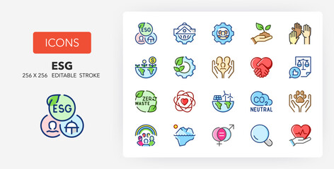 Line icons about ESG, environmental social governance. Contains such icons as corporate governance concerns, human right, animal welfare and more. 256x256 Pixel Perfect editable in colors