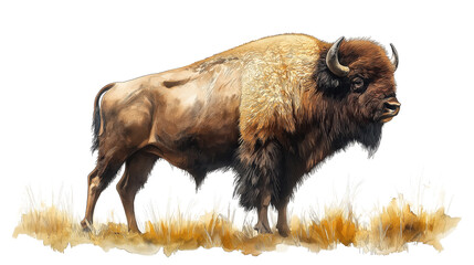 A buffalo is standing in a field with a white background