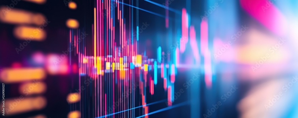 Poster a vibrant digital representation of data trends, showcasing colorful waveforms and fluctuations in a