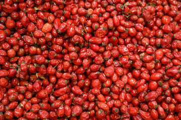 Rose Hip for sale in market. Dried rose hip on a pile, close up. 