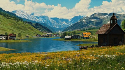 Fototapeta premium Alpine village by a lake, wildflowers, sunny day, mountains in background