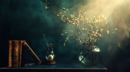 Vintage decor on a rustic wooden desk with moody lighting