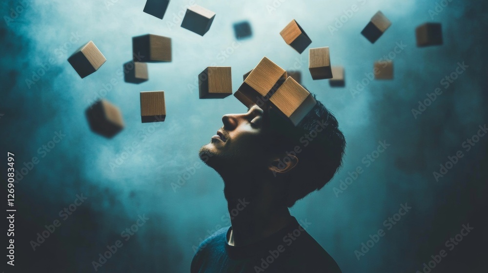 Poster surreal portrait of a man with floating cubes in a dramatic setting