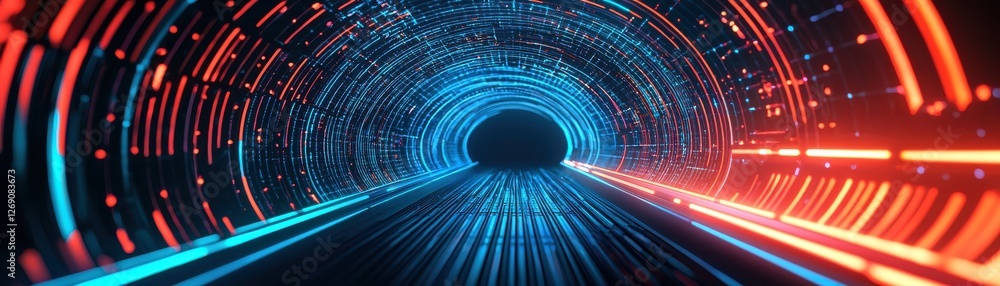 Poster futuristic neon tunnel with blue and red light trails creating a visual journey through space and ti