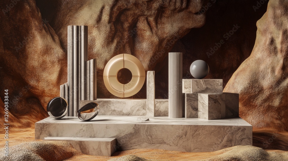 Poster abstract architectural setup with geometric shapes in a cave setting