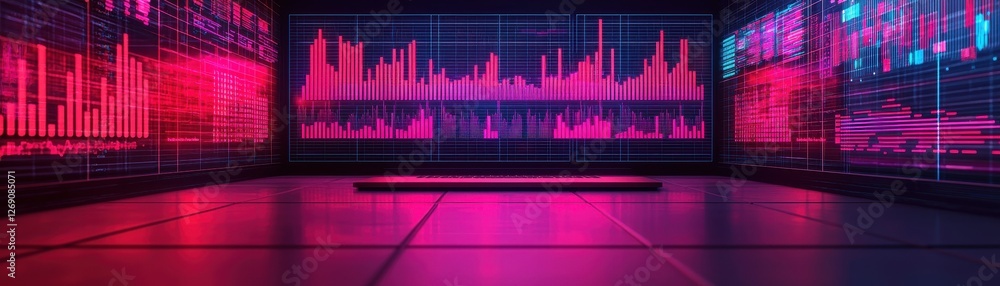 Poster futuristic data visualization in neon colors with graphs, digital bars, and modern technology graphi