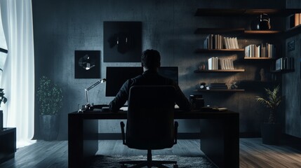 Dark moody workspace with books and a desk lamp