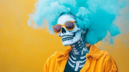 Surreal portrait of a model with a skull face and colorful smoke