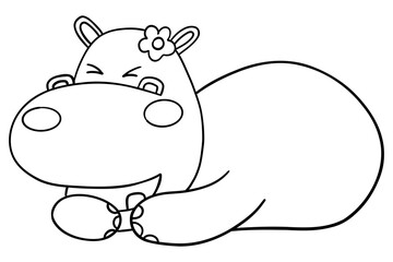 Outline coloring , Cute cartoon hippo with a flower, smiling happily.