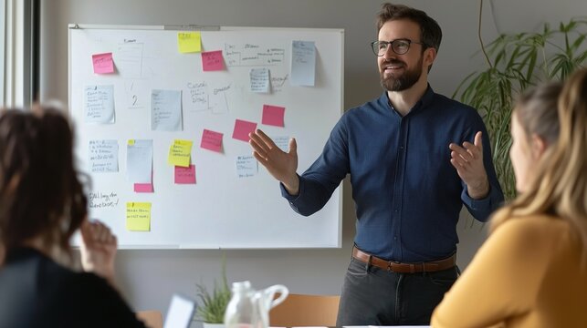 Engaging Presentation: A charismatic speaker passionately delivers a presentation to a captivated audience, using a whiteboard covered in colorful sticky notes to illustrate key points.